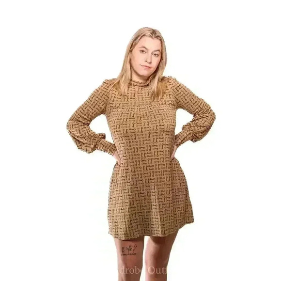 Juicy Couture Brown Silk Key Print Mock Collared Long Sleeve Mini Dress - S - Picture 2 of 9